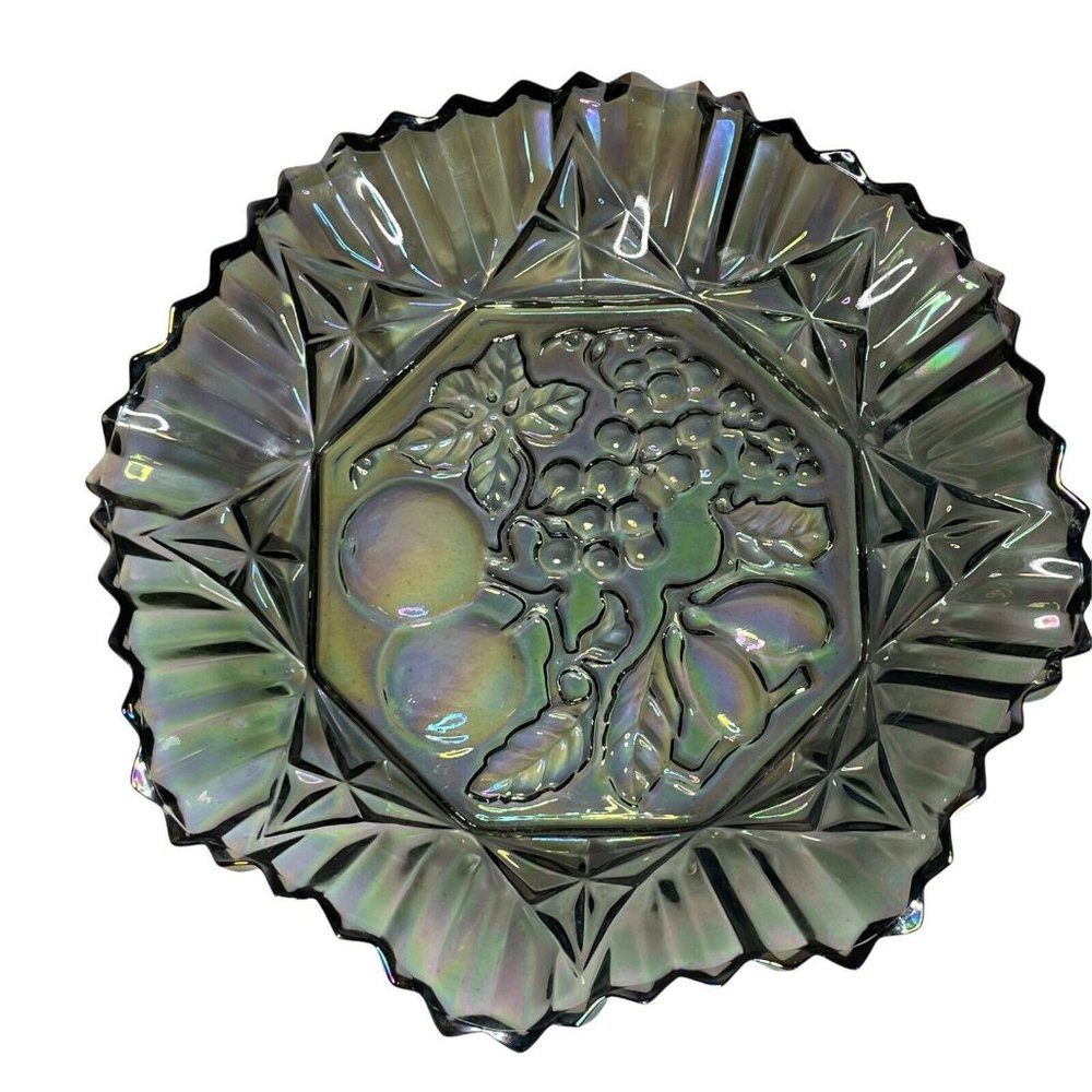 Vintage Smoky Ruffled Carnival Glass Candy Dish Bowl Grapes Cherries 10.25 in - Picture 4 of 5
